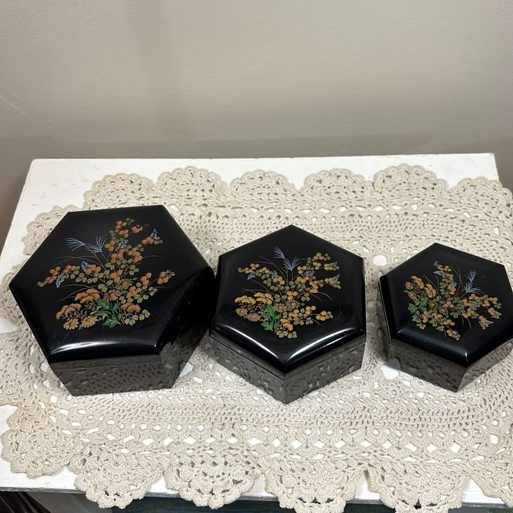 Set of 3 Chinese Nesting Trinket Boxes Black Plastics Vintage